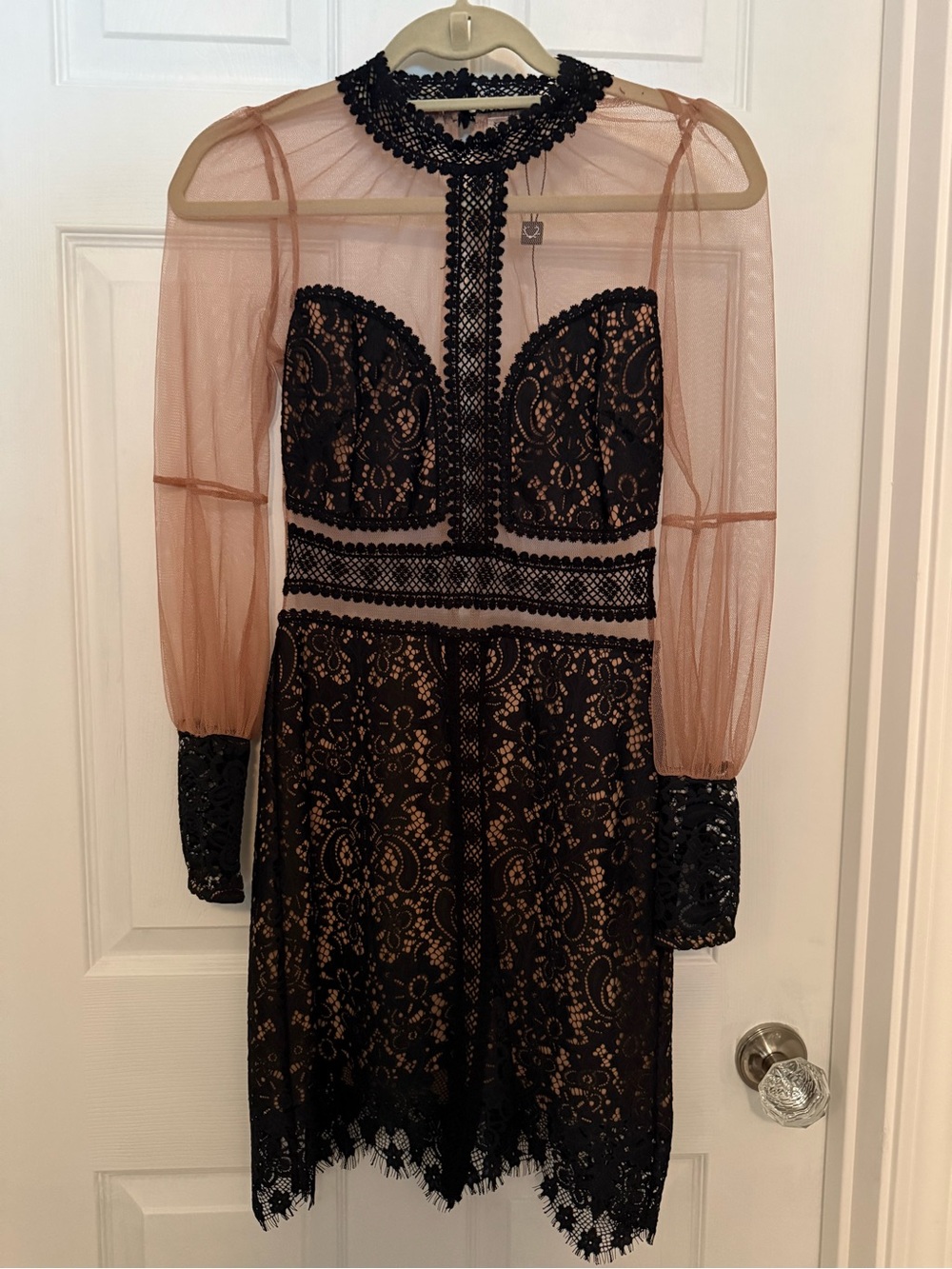 For Love & Lemons Black Lace Dress with Blush Illusion Sleeves Size Small NWT